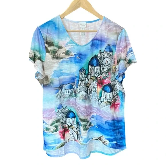 Chico’s Santorini High/Low V-neck Short Sleeve Watercolor Top - Size 3 (US 16) - Picture 1 of 9